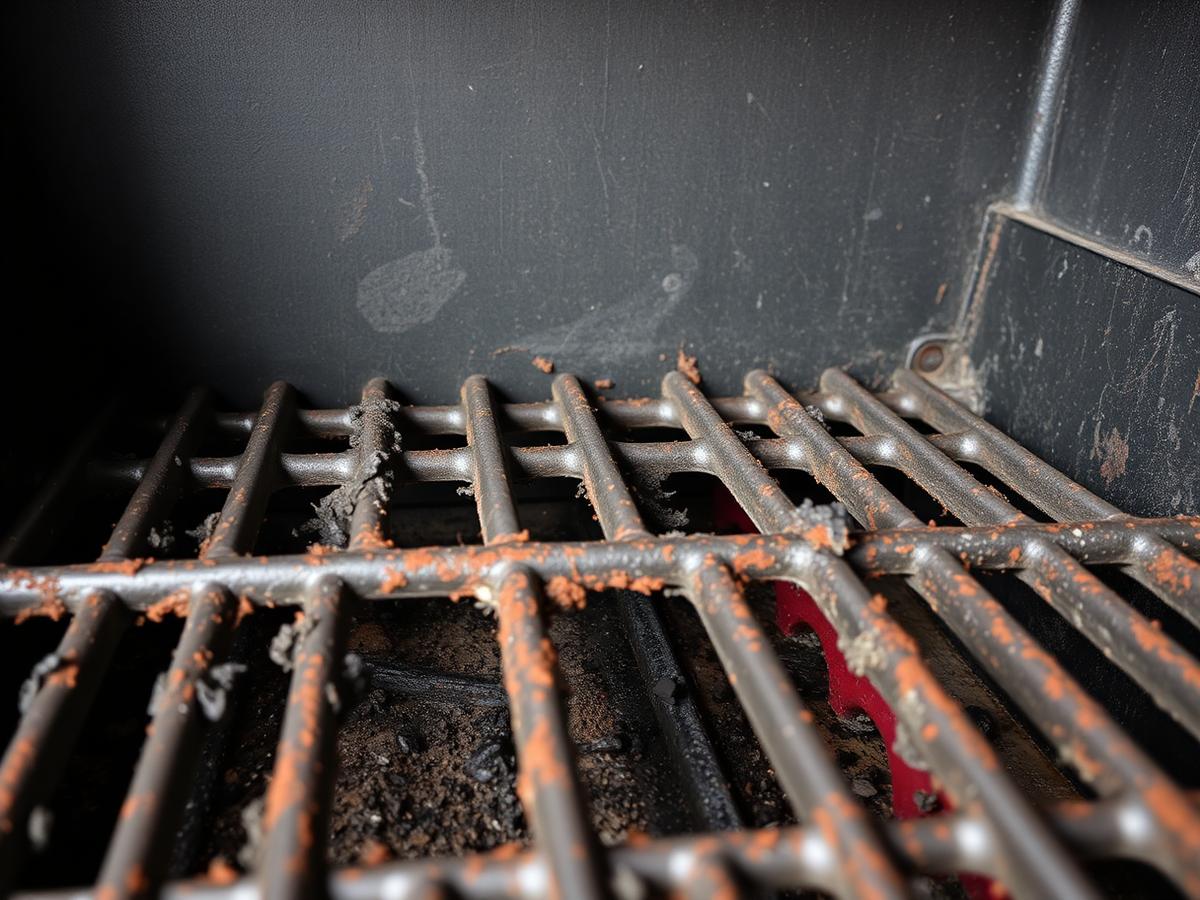 Before restoration: Weber Genesis grill interior caked with grease, carbon and rusted flavorizer bars